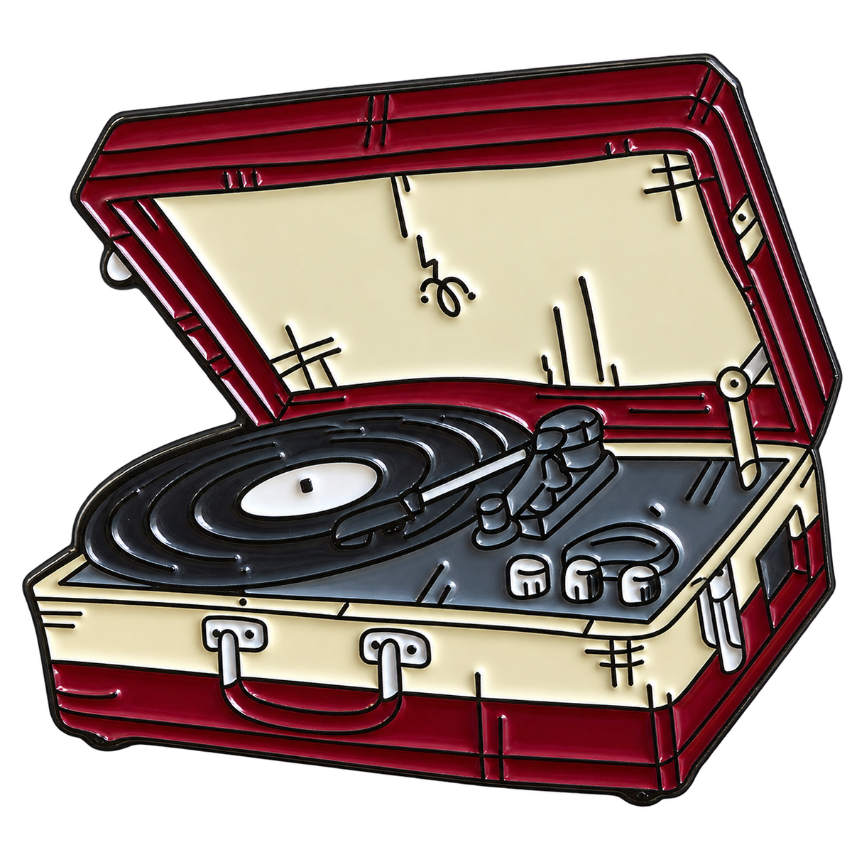 Retro platenspeler pin met bordeauxrode koffer, crèmekleurige binnenkant en zwarte vinylplaat, voorzijde