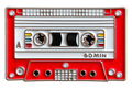 Rood en wit cassettebandje pin met opschrift 60 MIN, voorzijde, 3,5 × 2,3 cm