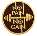 No Pain No Gain ronde fitness emaille pin met halter en goudkleurige letters, voorzijde