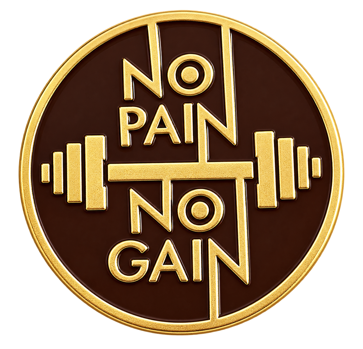 No Pain No Gain ronde fitness emaille pin met halter en goudkleurige letters, voorzijde