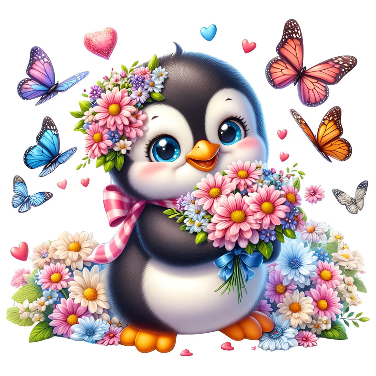V5-zwart-witte-pinguin-met-bloemen-applicatie