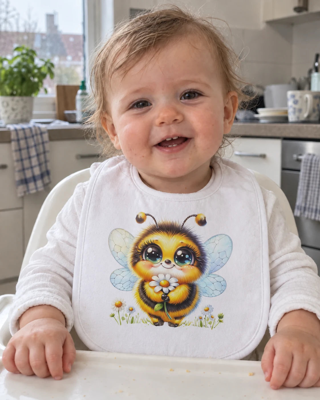 AI-styled image of a baby with an appliqué on a bib