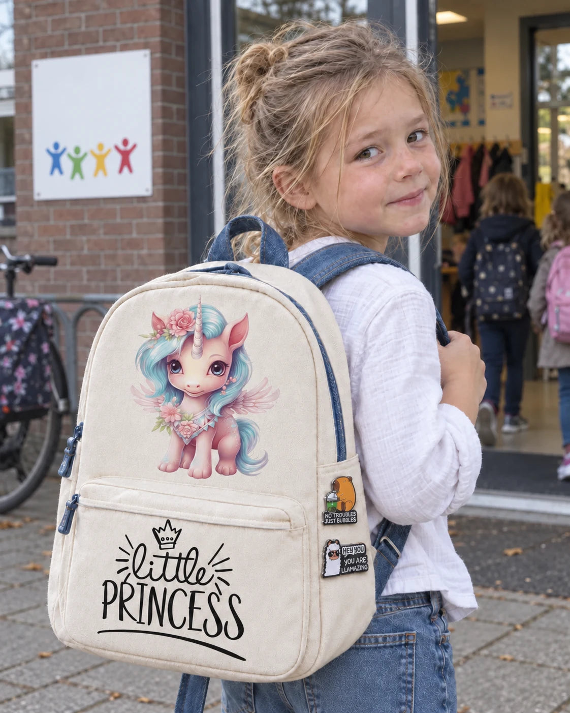 AI atmosphere image: girl with a school bag featuring a pink unicorn, "Little Princess," and two pins