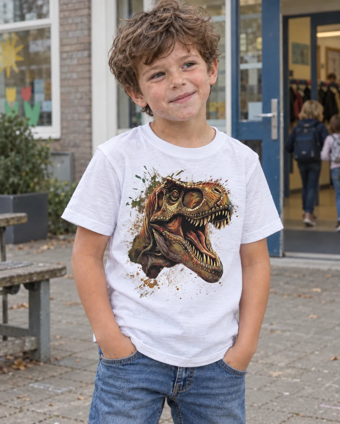 AI image prompt: boy with a cool T-Rex appliqué on a white T-shirt