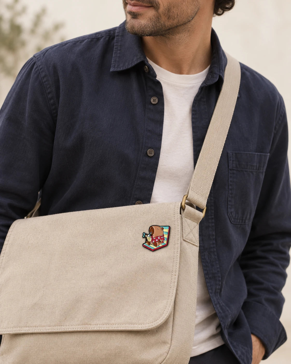 AI styling image of a pin on a bag strap