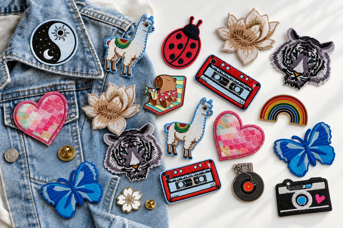 Fashion still life with embroidered patches and shiny metal pins, with visible fastenings, on denim