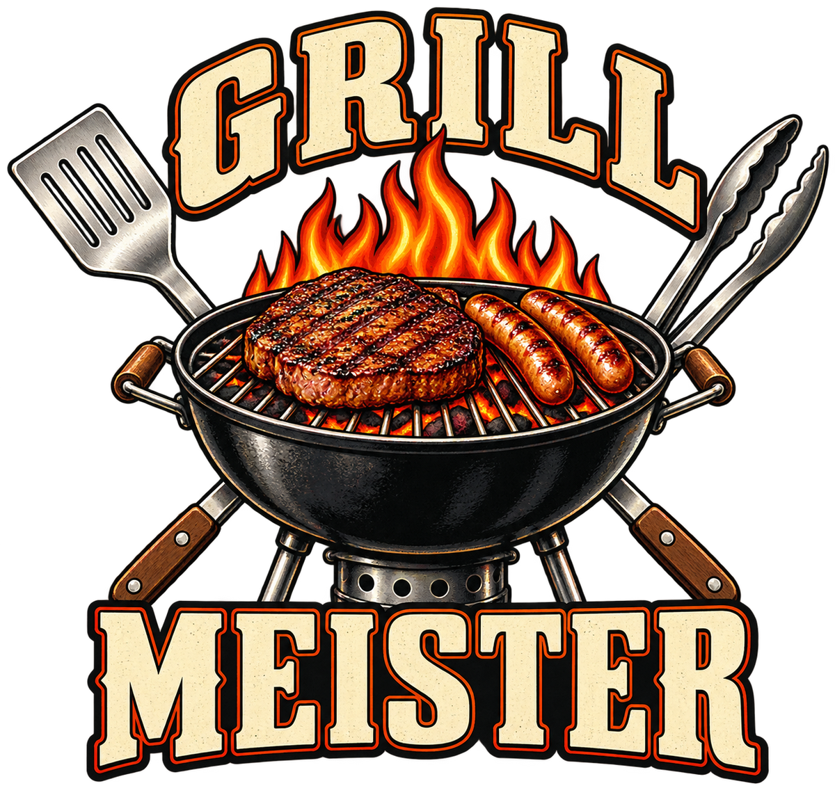 Grill Meister met barbecue, vlammen en grillgereedschap – vrijstaand ontwerp