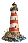 Rood-witte vuurtoren op rotsen aan zee – vrijstaande strijkapplicatie
