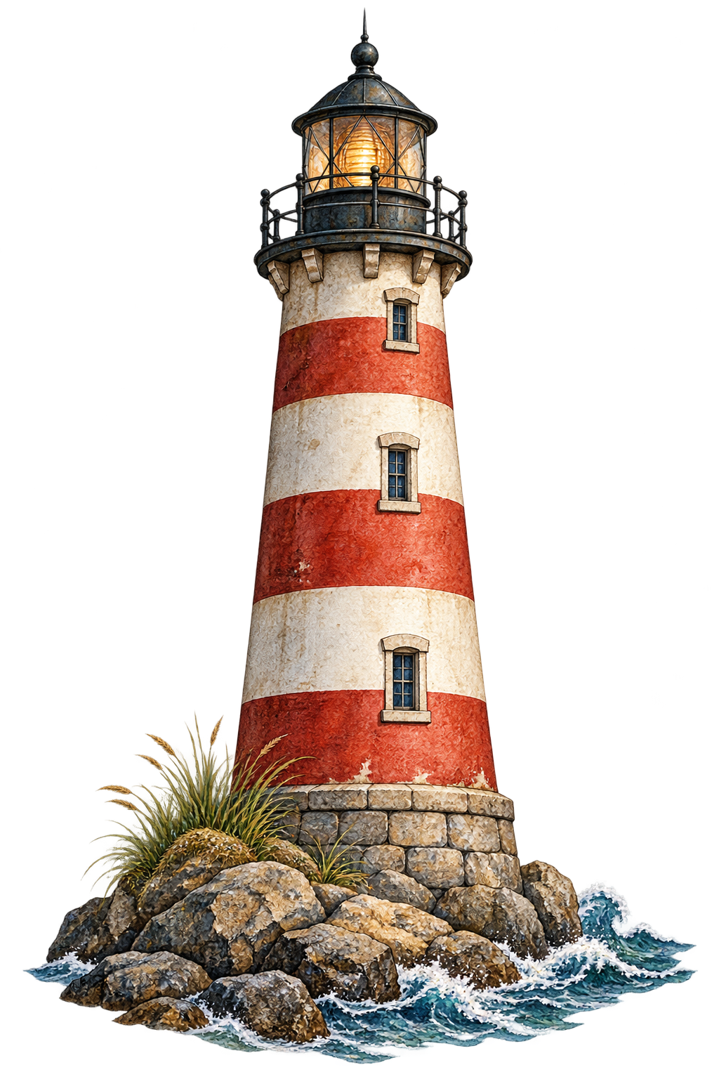 Rood-witte vuurtoren op rotsen aan zee – vrijstaande strijkapplicatie