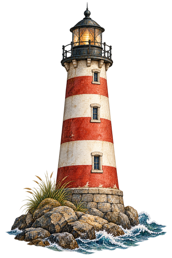 Rood-witte vuurtoren op rotsen aan zee – vrijstaande strijkapplicatie
