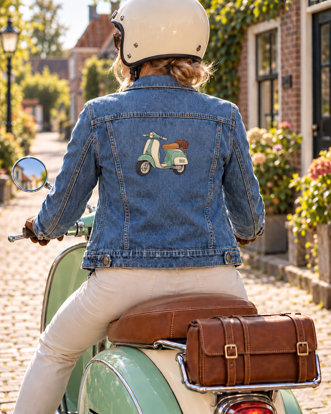 Illustratief gebruiksvoorbeeld: grote scooterprint op de rug van een spijkerjack bij een vrouw op een scooter