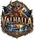 Viking met raven, Noorse versieringen, schip en de tekst Valhalla