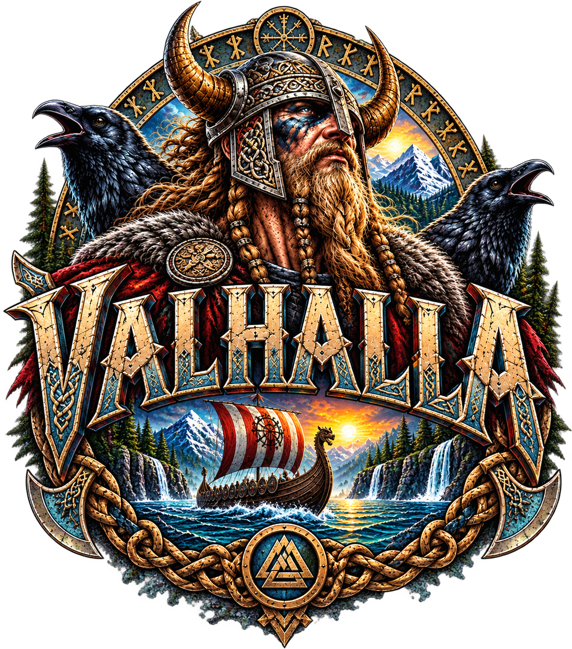 Viking met raven, Noorse versieringen, schip en de tekst Valhalla