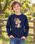 Illustratief gebruiksvoorbeeld: Brutale kuif als print op een donkerblauw kindershirt