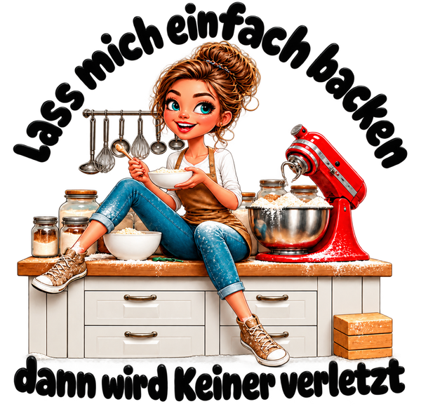Bakgeluk – bakster met rode mixer en Duitse spreuk