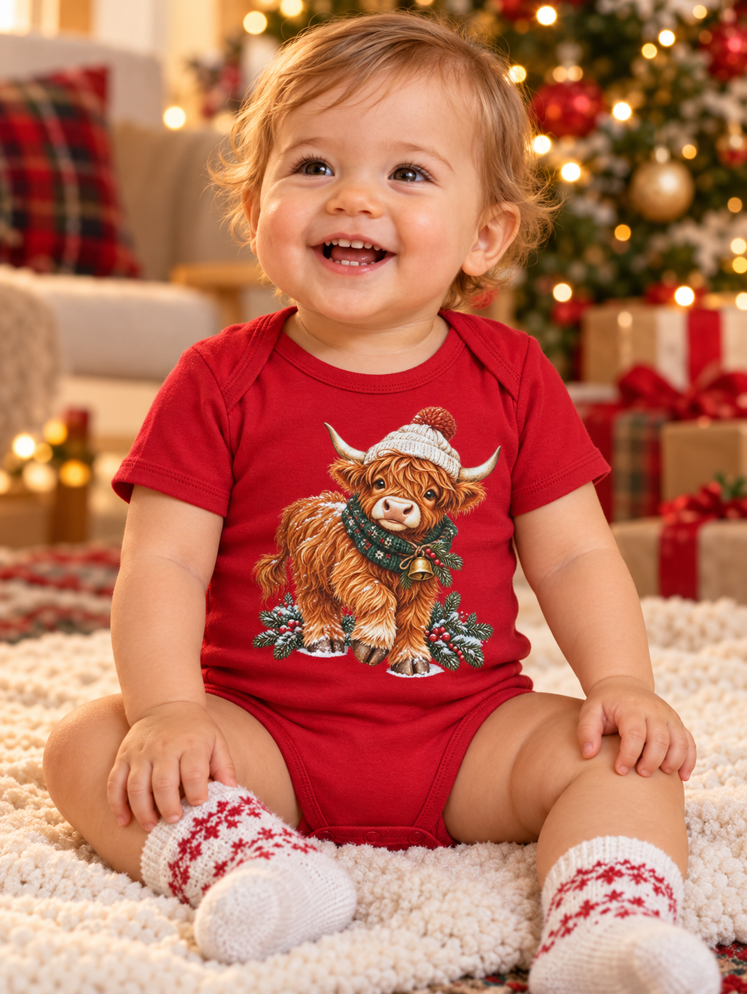 Illustratief gebruiksvoorbeeld: baby met Wijnands rode Highlander-rompertje in kerstsfeer