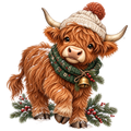 Kerstknuffel – Schotse hooglander met wintermuts, groene sjaal en kersttakken