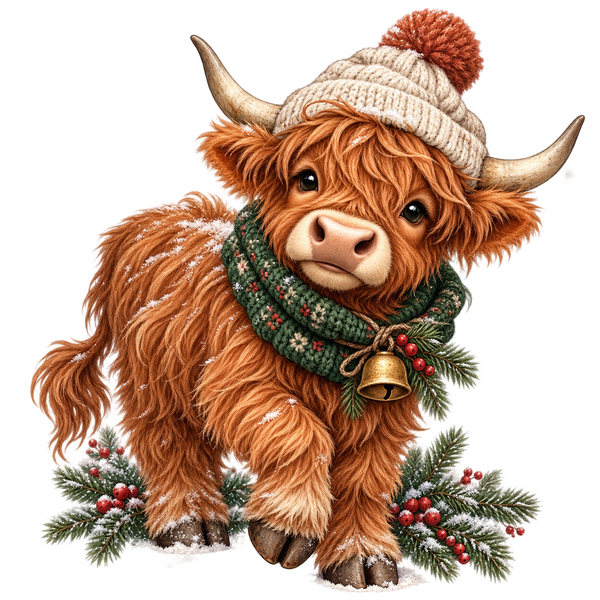 Kerstknuffel – Schotse hooglander met wintermuts, groene sjaal en kersttakken