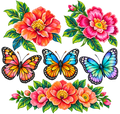 Bloemenpolonaise – vel met kleurrijke losse bloemen en drie vlinders