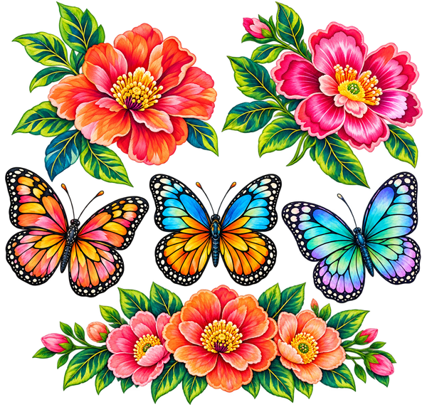 Bloemenpolonaise – vel met kleurrijke losse bloemen en drie vlinders