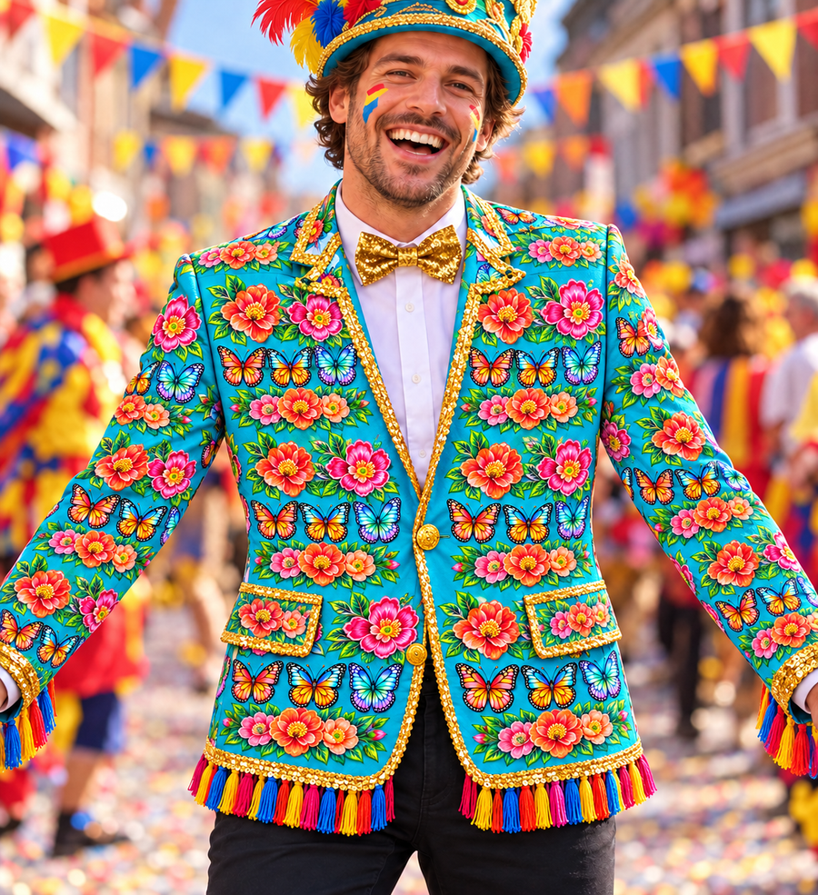 Illustratief gebruiksvoorbeeld: uitbundig carnavalsjasje vol complete herhaalde bloemen-en-vlinderontwerpen; hiervoor zijn meerdere applicatievellen gebruikt