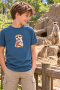 Toepassingsvoorbeeld: jongen met het stokstaartje op zijn blauwe T-shirt bij de stokstaartjes in de dierentuin