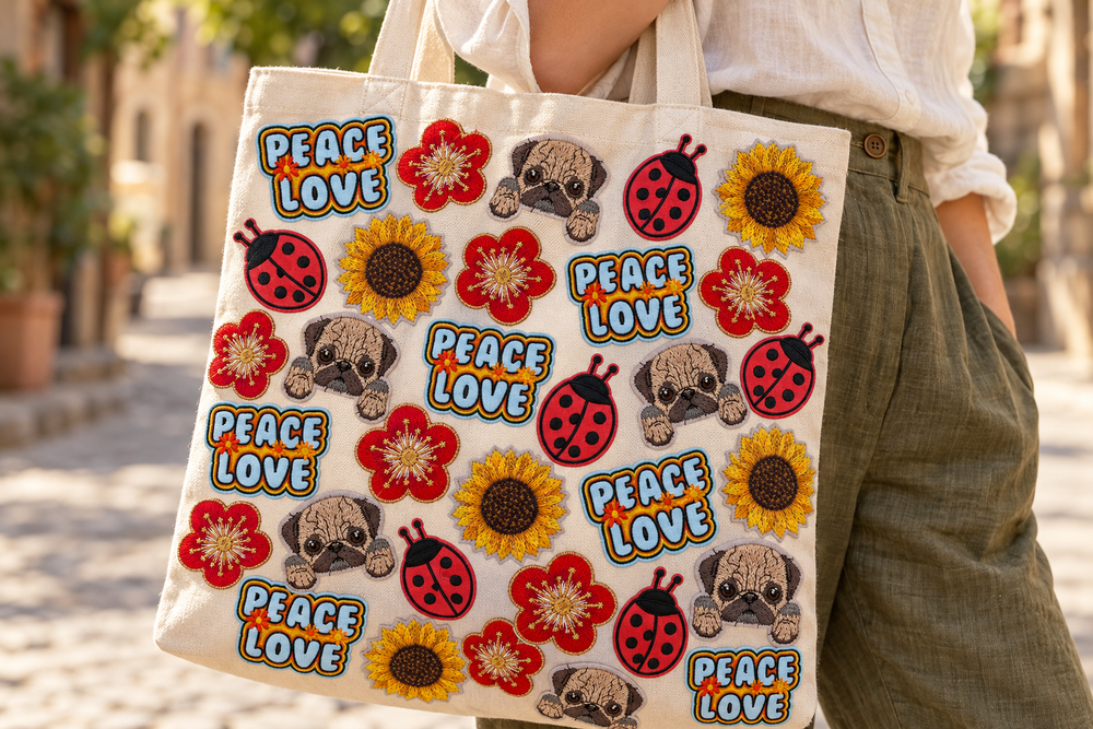 Tas versierd met patches uit de Fasola-collectie