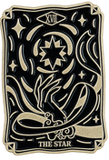 Vrijstaande zwarte tarotkaart The Star met ster, hand en goudkleurige lijnen, voorzijde