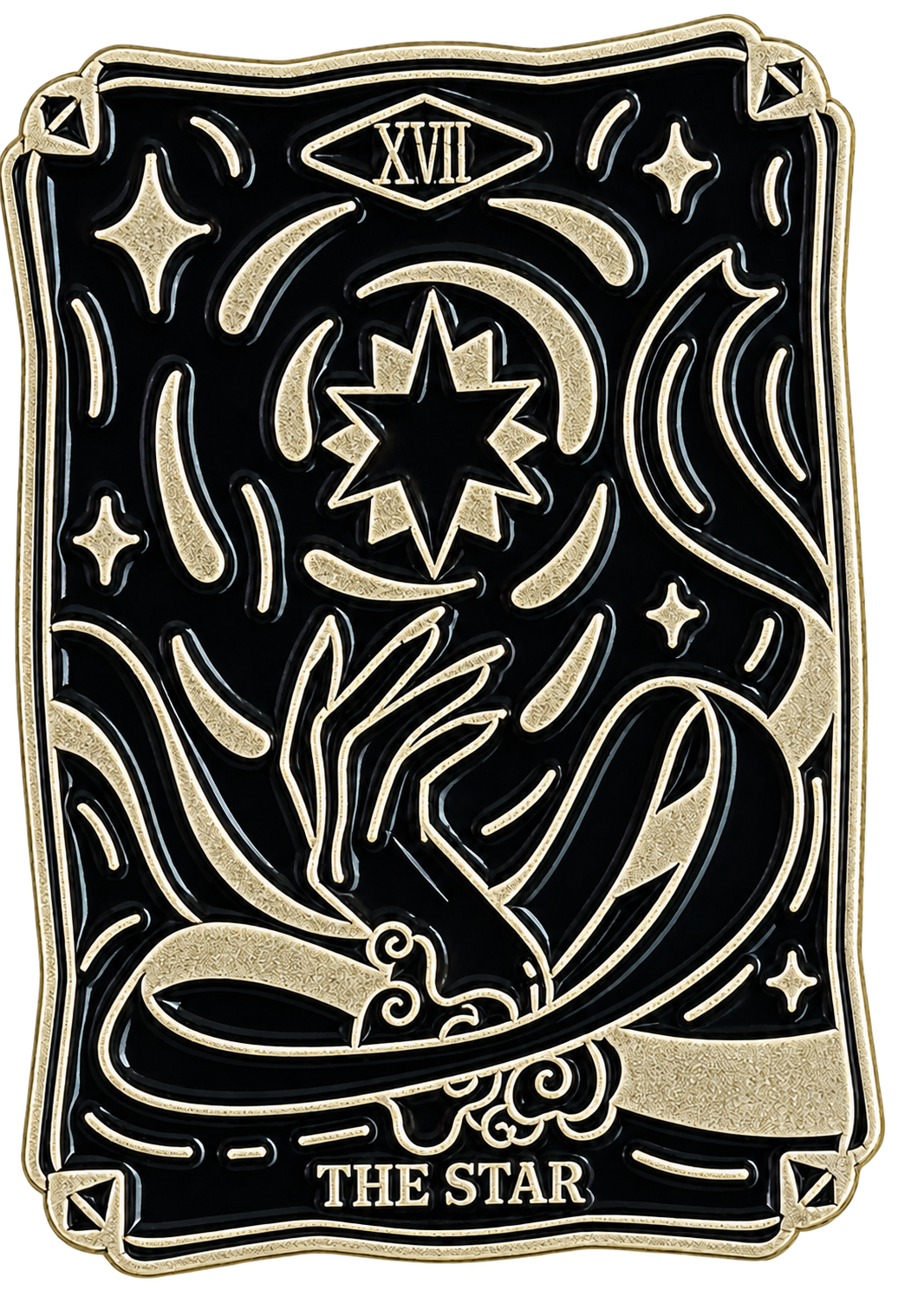Vrijstaande zwarte tarotkaart The Star met ster, hand en goudkleurige lijnen, voorzijde