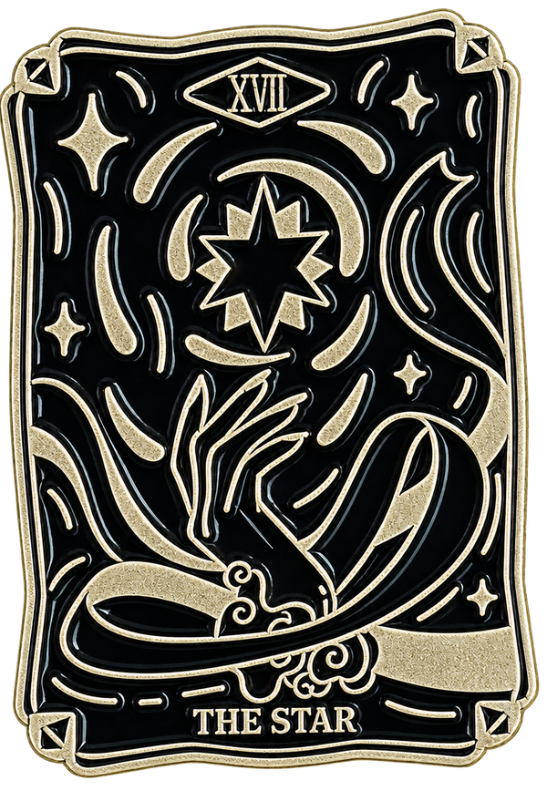 Vrijstaande zwarte tarotkaart The Star met ster, hand en goudkleurige lijnen, voorzijde