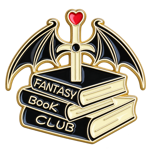 Fantasy Book Club met drie boeken, zwaard, rood hart en zwarte vleugels – vrijstaande voorzijde