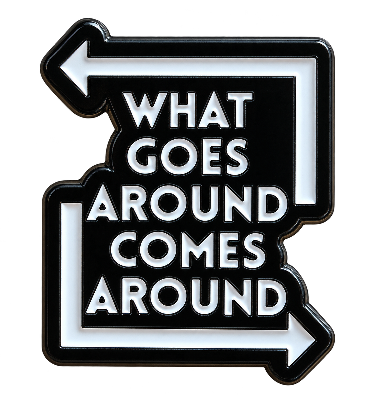 Zwart-wit tekstbordje What goes around comes around met twee pijlen – voorzijde