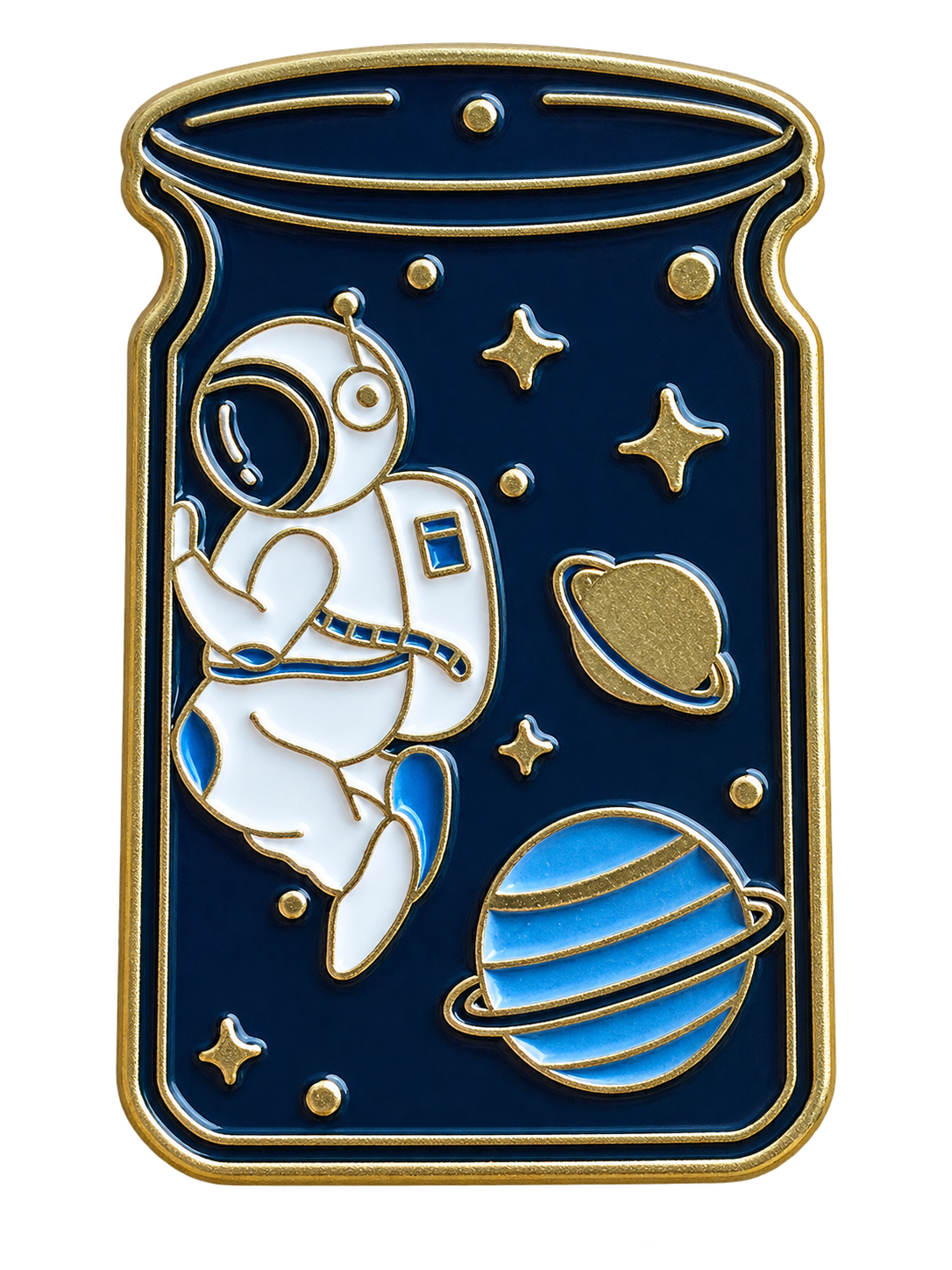 Astronaut tussen sterren en planeten in een donkerblauw potje, voorzijde