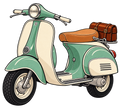 Mintgroene retro scooter met crème details, bruin zadel en bagagetas – strijkapplicatie