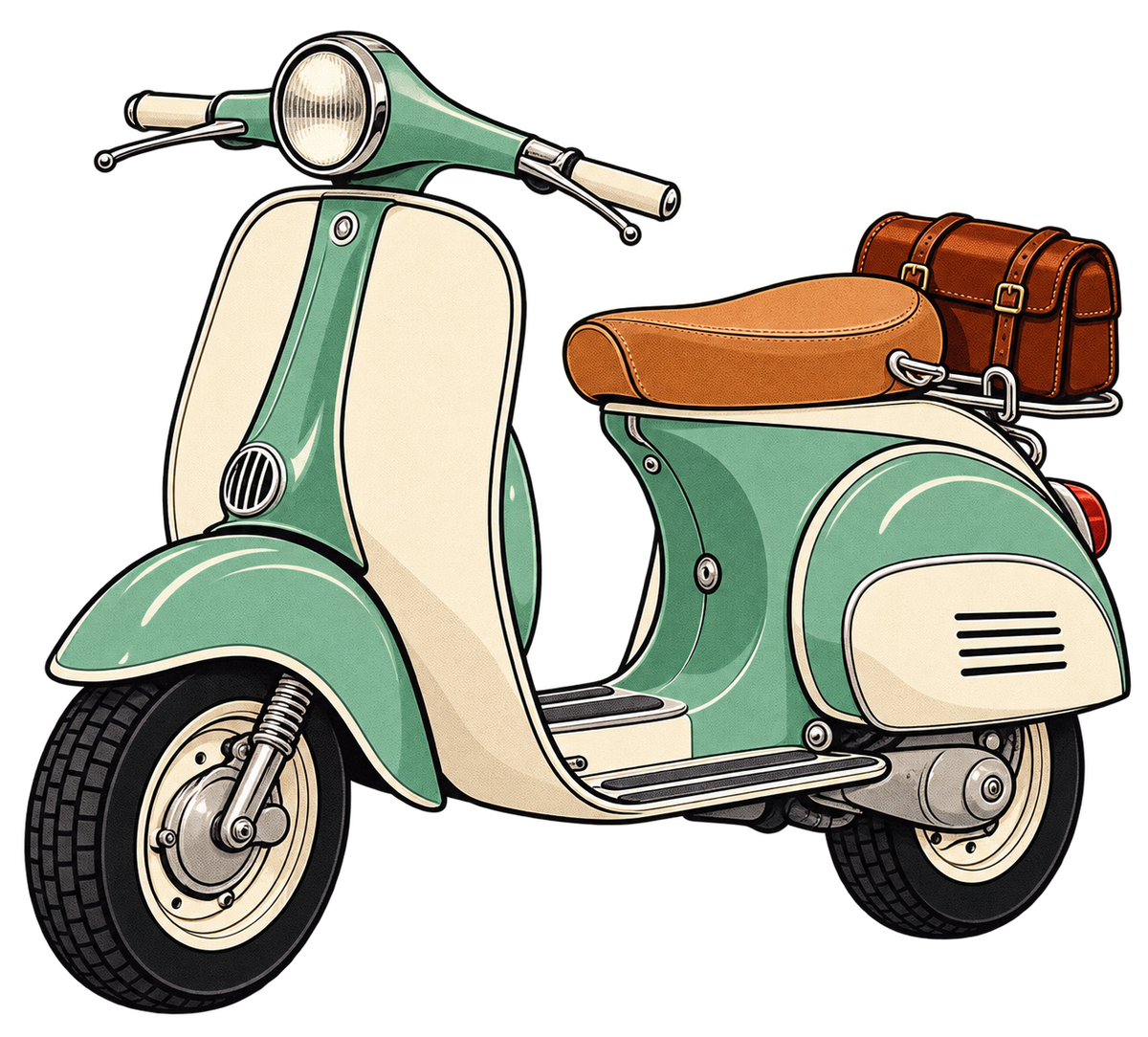 Mintgroene retro scooter met crème details, bruin zadel en bagagetas – strijkapplicatie