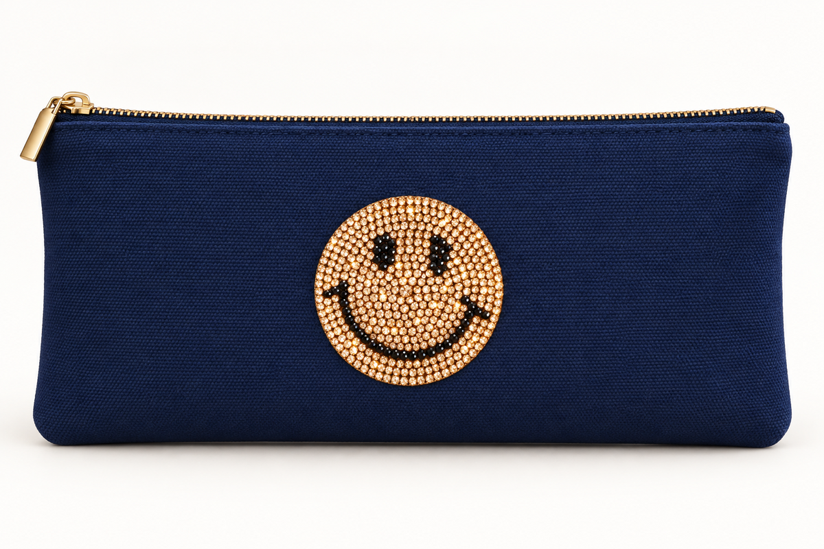 Gouden smiley strass patch op een donkerblauw etui – SP0029