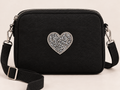 Zilveren hart strass patch van 7,8 × 7,2 cm op een zwarte schoudertas