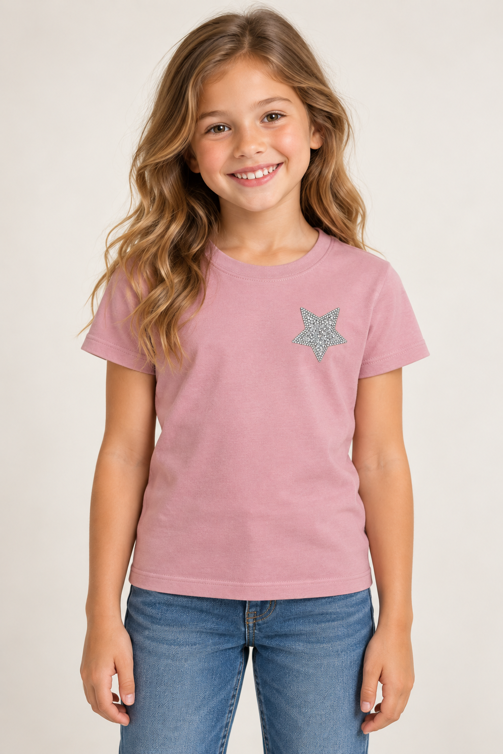 Kleine zilveren facetster strass patch op een roze kindershirt – SP0042