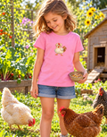 Sfeerimpressie: meisje met kleine kip-strijkapplicatie op een roze shirt in een tuin met kippen