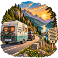 Caravan op een bergweg langs een meer bij zonsondergang – vrijstaand ontwerp