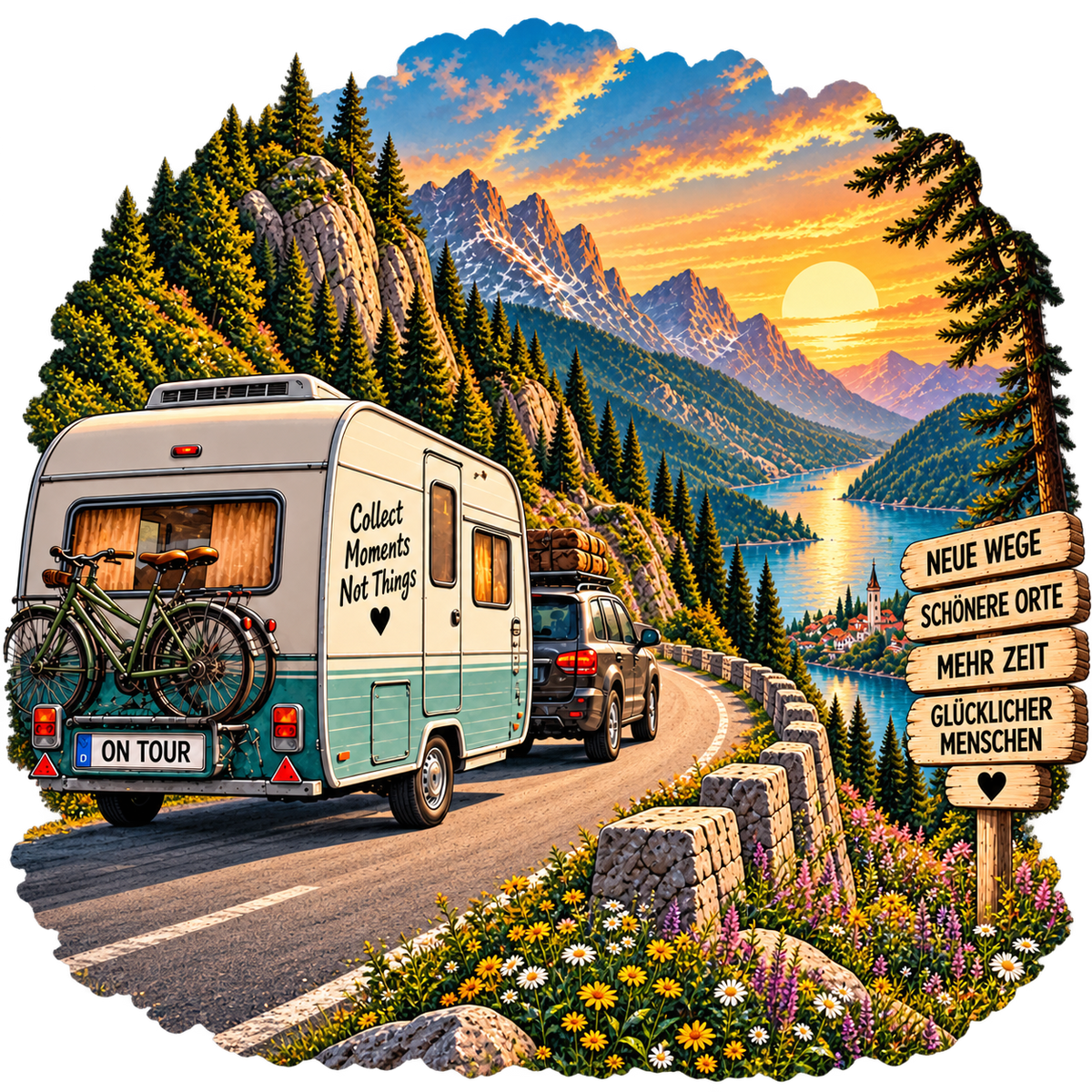 Caravan op een bergweg langs een meer bij zonsondergang – vrijstaand ontwerp
