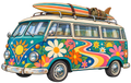 Turkooizen retro camperbus met bloemen, zon en surfplank op het dak