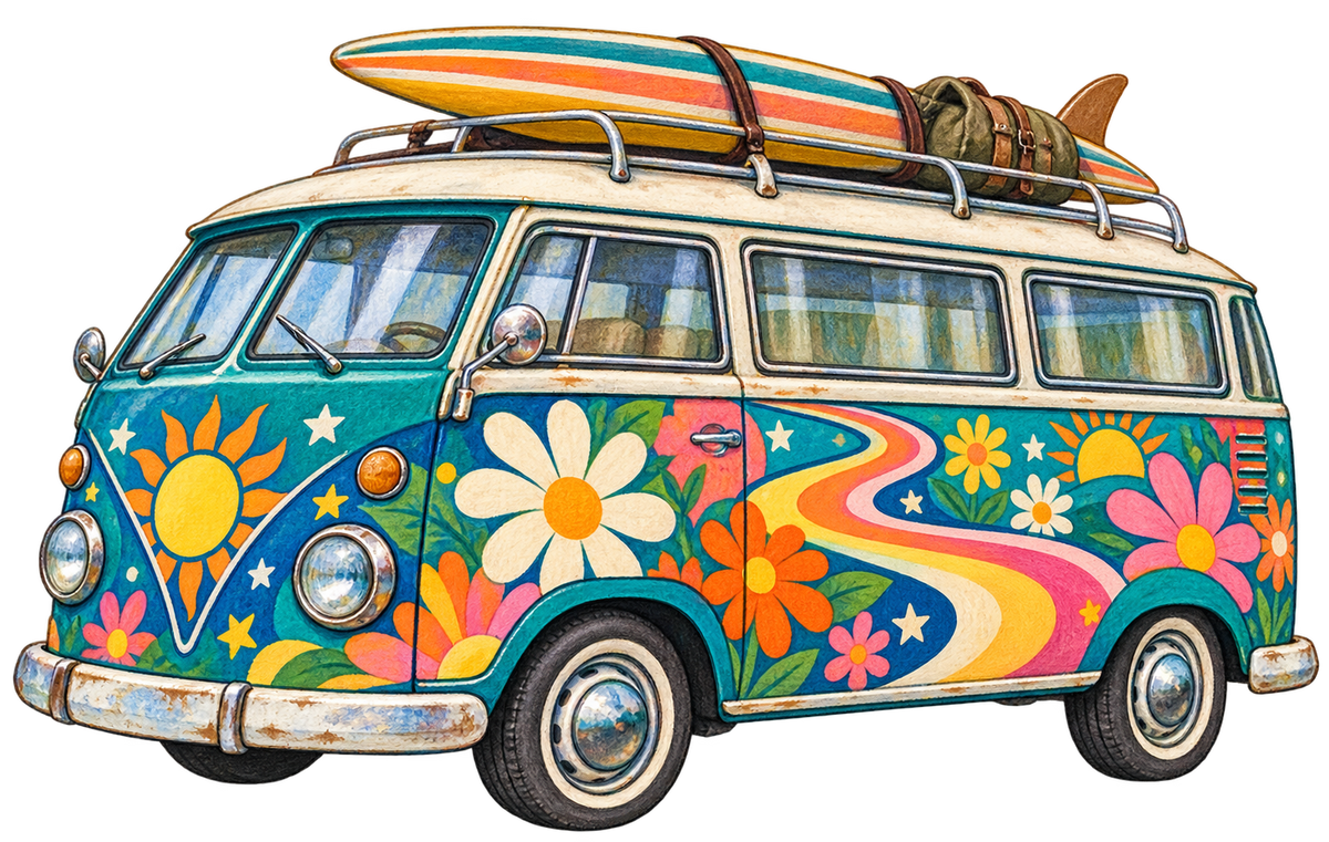 Turkooizen retro camperbus met bloemen, zon en surfplank op het dak