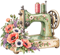 Groene vintage naaimachine met roze en groene garenklossen, klaprozen en kleine bloemen