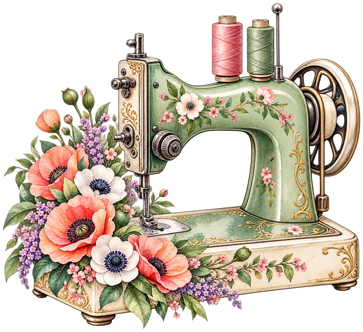 Groene vintage naaimachine met roze en groene garenklossen, klaprozen en kleine bloemen