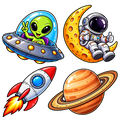 Ruimtevrienden: alien in ufo, astronaut op een maan, raket en planeet – vrijstaand ontwerp