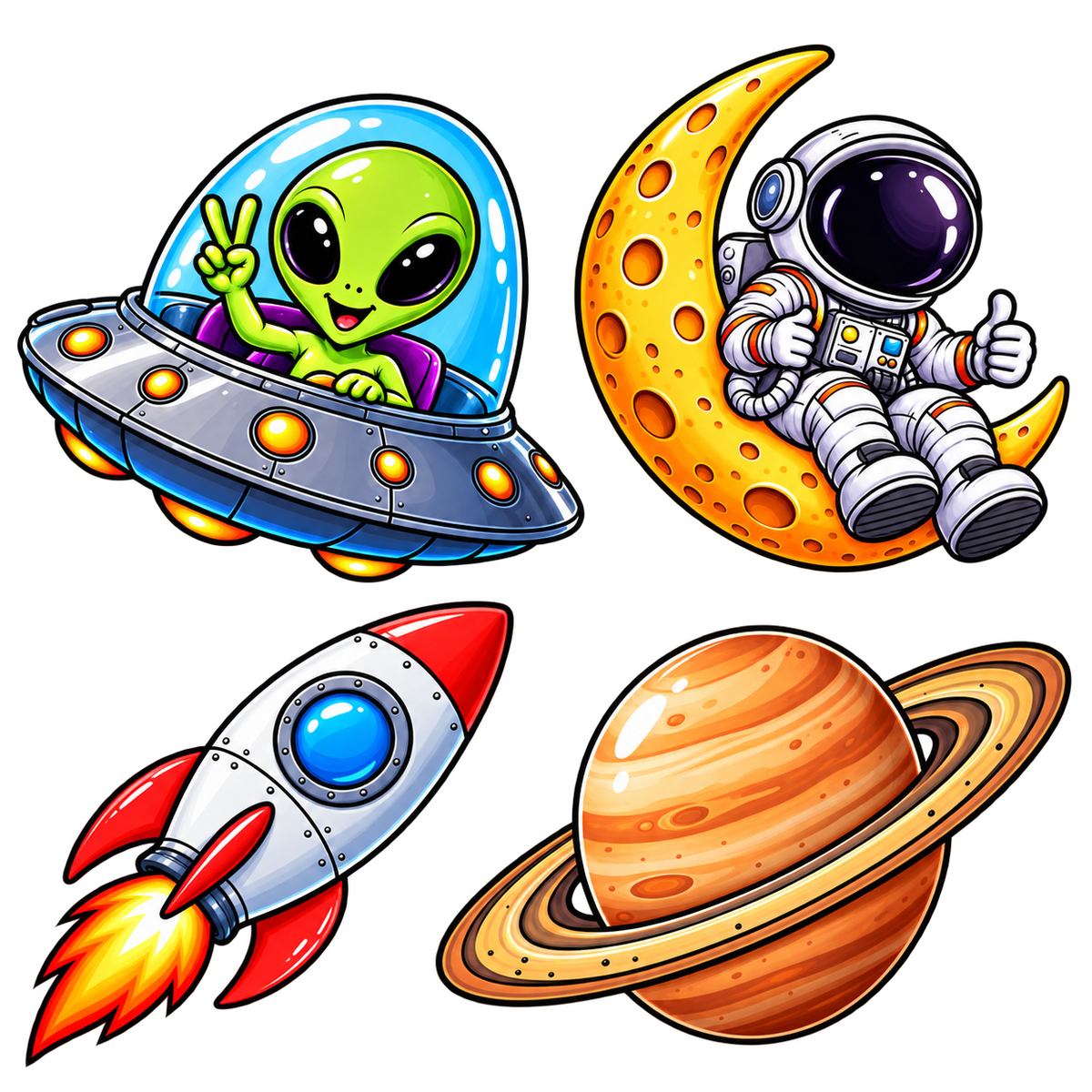 Ruimtevrienden: alien in ufo, astronaut op een maan, raket en planeet – vrijstaand ontwerp