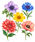 Vijf kleurrijke bloemen rechtop – vrijstaand ontwerp Bloemenfeest