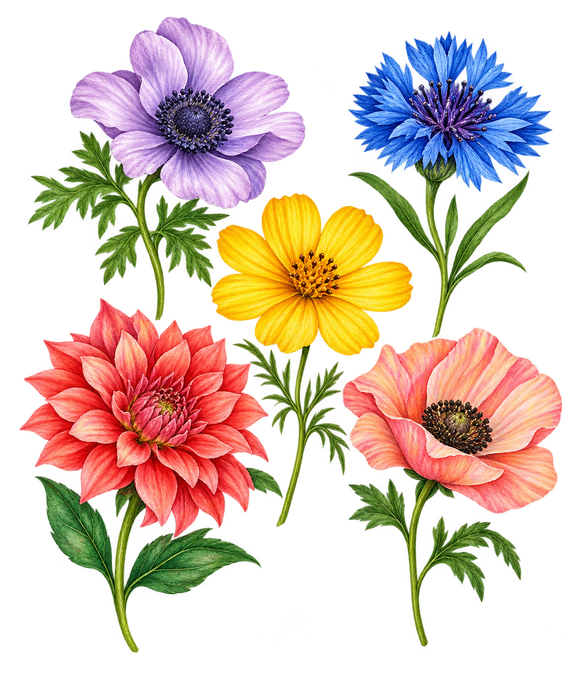 Vijf kleurrijke bloemen rechtop – vrijstaand ontwerp Bloemenfeest