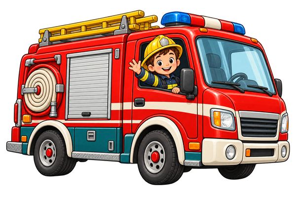 Rode brandweerauto met gele ladder en zwaaiend brandweerheldje – Brandweerpret